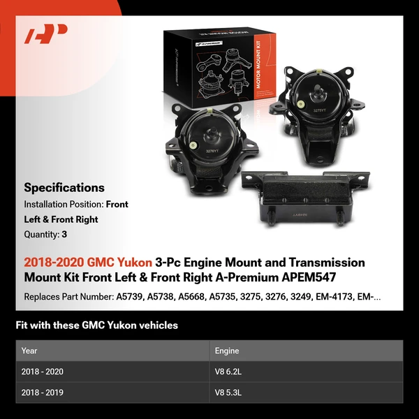 2018-2020 GMC Yukon 3-Pc Engine Mount and Transmission Mount Kit Front Left & Front Right A-Premium APEM547