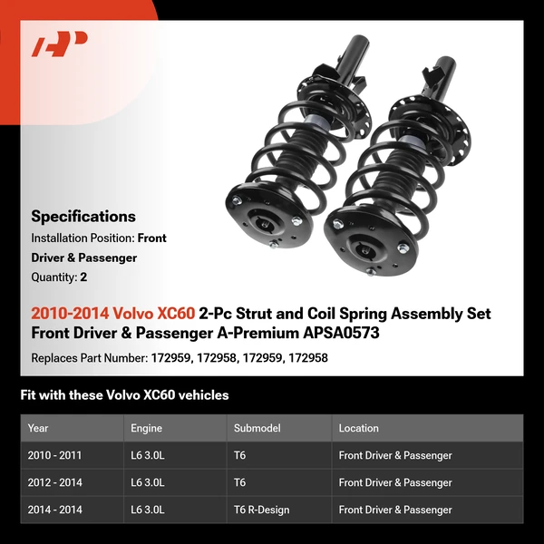 2010-2014 Volvo XC60 2-Pc Strut and Coil Spring Assembly Set Front Driver & Passenger A-Premium APSA0573