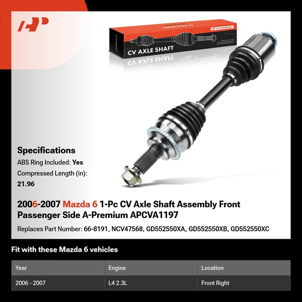 2006-2007 Mazda 6 1-Pc CV Axle Shaft Assembly Front Passenger Side A-Premium APCVA1197