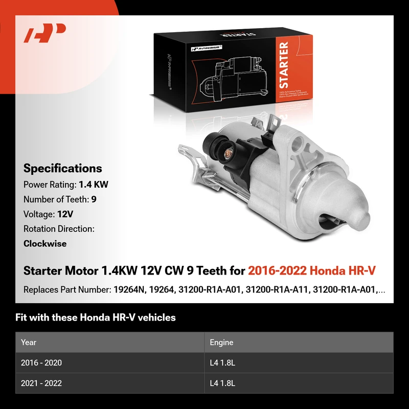 Starter Motor 1.4KW 12V CW 9 Teeth for 2016-2022 Honda HR-V