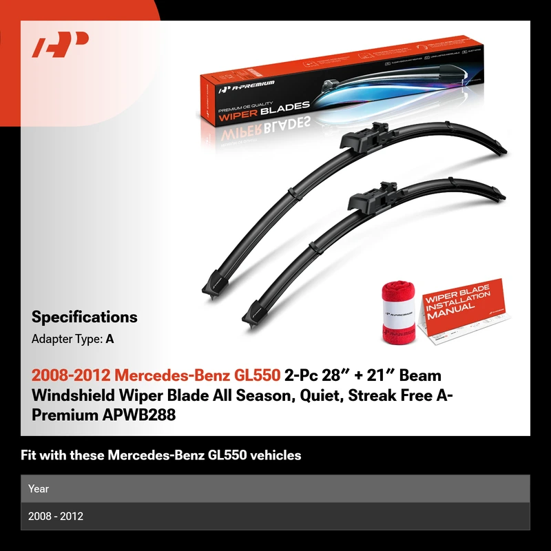 2008-2012 Mercedes-Benz GL550 2-Pc 28″ + 21″ Beam Windshield Wiper Blade All Season, Quiet, Streak Free A-Premium APWB288