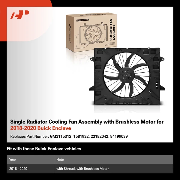 Single Radiator Cooling Fan Assembly with Brushless Motor for 2018-2020 Buick Enclave