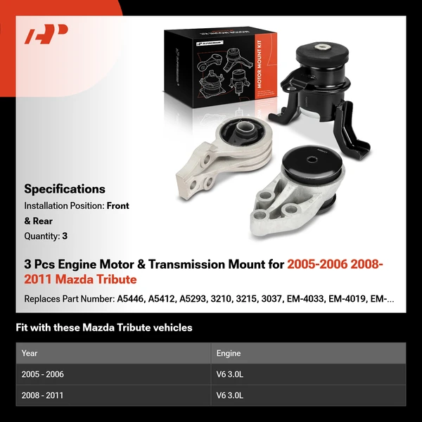 3 Pcs Engine Motor & Transmission Mount for 2005-2006 2008-2011 Mazda Tribute