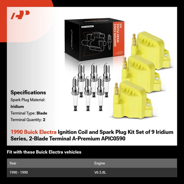 1990 Buick Electra Ignition Coil and Spark Plug Kit Set of 9 Iridium Series, 2-Blade Terminal A-Premium APIC0590