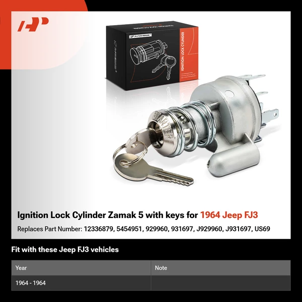 Ignition Lock Cylinder Zamak 5 with keys for 1964 Jeep FJ3