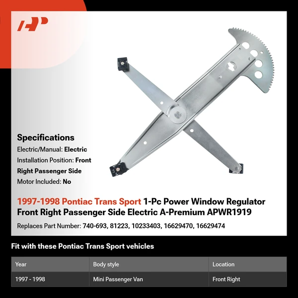 1997-1998 Pontiac Trans Sport 1-Pc Power Window Regulator Front Right Passenger Side Electric A-Premium APWR1919