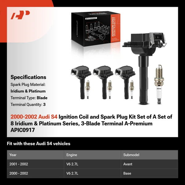 2000-2002 Audi S4 Ignition Coil and Spark Plug Kit Set of A Set of 8 Iridium & Platinum Series, 3-Blade Terminal A-Premium APIC0917