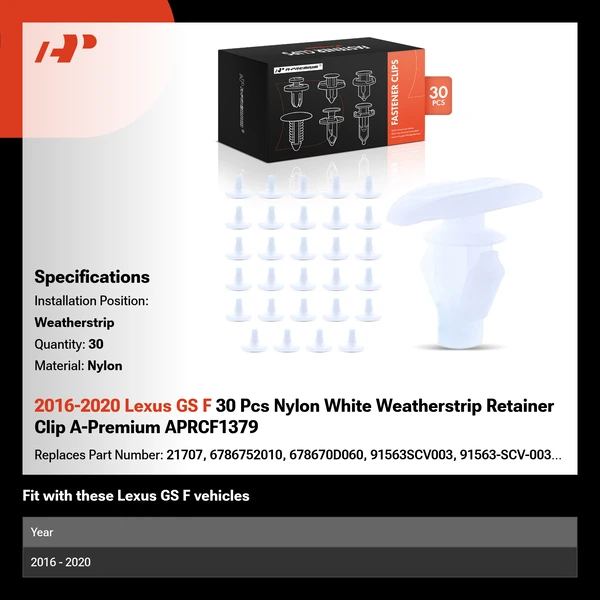 2016-2020 Lexus GS F 30 Pcs Nylon White Weatherstrip Retainer Clip A-Premium APRCF1379