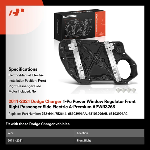 2011-2021 Dodge Charger 1-Pc Power Window Regulator Front Right Passenger Side Electric A-Premium APWR3268