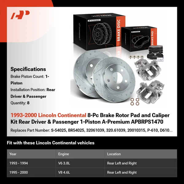 1993-2000 Lincoln Continental 8-Pc Brake Rotor Pad and Caliper Kit Rear Driver & Passenger 1-Piston A-Premium APBRPS1470