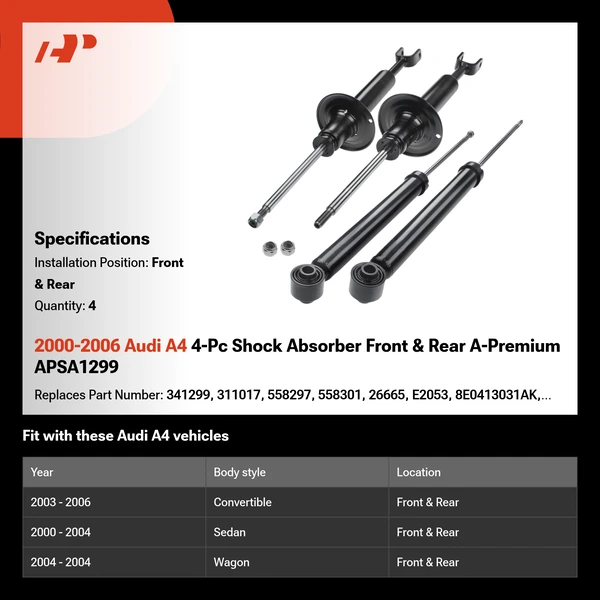 2000-2006 Audi A4 4-Pc Shock Absorber Front & Rear A-Premium APSA1299