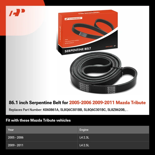 86.1 inch Serpentine Belt for 2005-2006 2009-2011 Mazda Tribute
