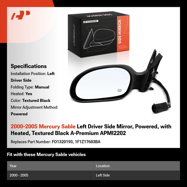 2000-2005 Mercury Sable Left Driver Side Mirror, Powered, with Heated, Textured Black A-Premium APMI2202