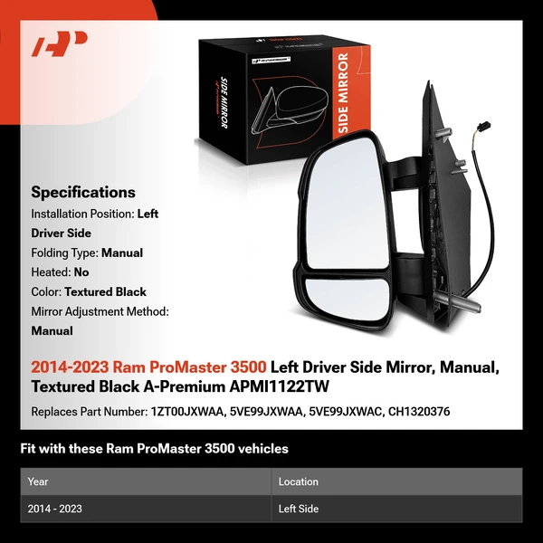 2014-2023 Ram ProMaster 3500 Left Driver Side Mirror, Manual, Textured Black A-Premium APMI1122TW
