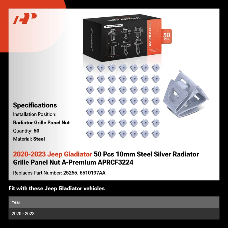 2020-2023 Jeep Gladiator 50 Pcs 10mm Steel Silver Radiator Grille Panel Nut A-Premium APRCF3224
