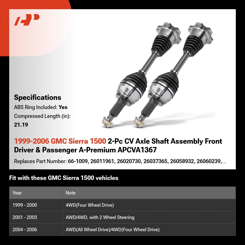 1999-2006 GMC Sierra 1500 2-Pc CV Axle Shaft Assembly Front Driver & Passenger A-Premium APCVA1367