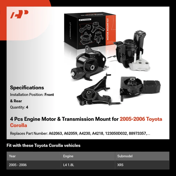 4 Pcs Engine Motor & Transmission Mount for 2005-2006 Toyota Corolla