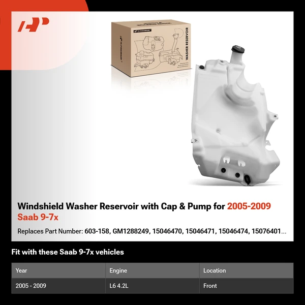 Windshield Washer Reservoir with Cap & Pump for 2005-2009 Saab 9-7x