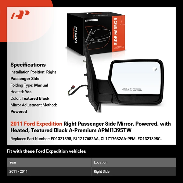 2011 Ford Expedition Right Passenger Side Mirror, Powered, with Heated, Textured Black A-Premium APMI1395TW