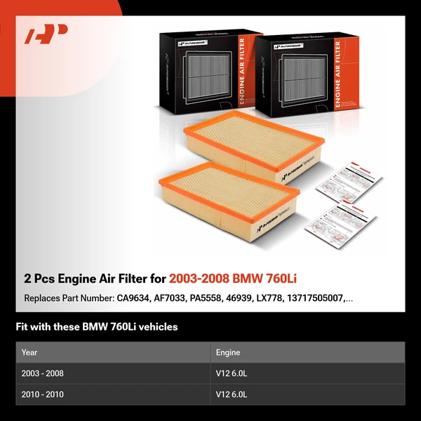 2 Pcs Engine Air Filter for 2003-2008 BMW 760Li