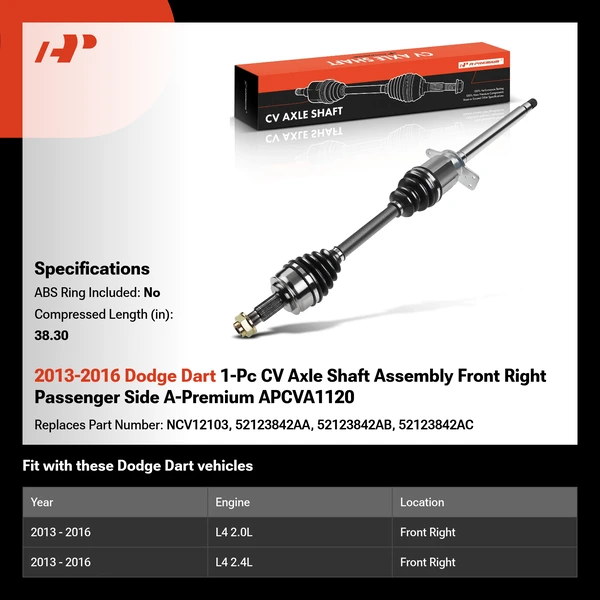 2013-2016 Dodge Dart 1-Pc CV Axle Shaft Assembly Front Right Passenger Side A-Premium APCVA1120