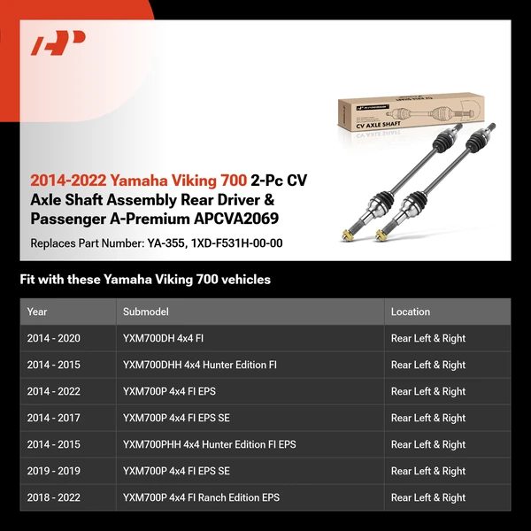2014-2022 Yamaha Viking 700 2-Pc CV Axle Shaft Assembly Rear Driver & Passenger A-Premium APCVA2069