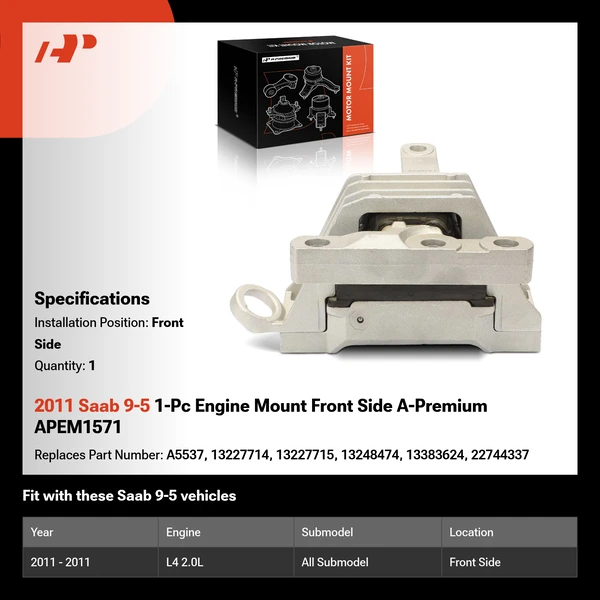 2011 Saab 9-5 1-Pc Engine Mount Front Side A-Premium APEM1571