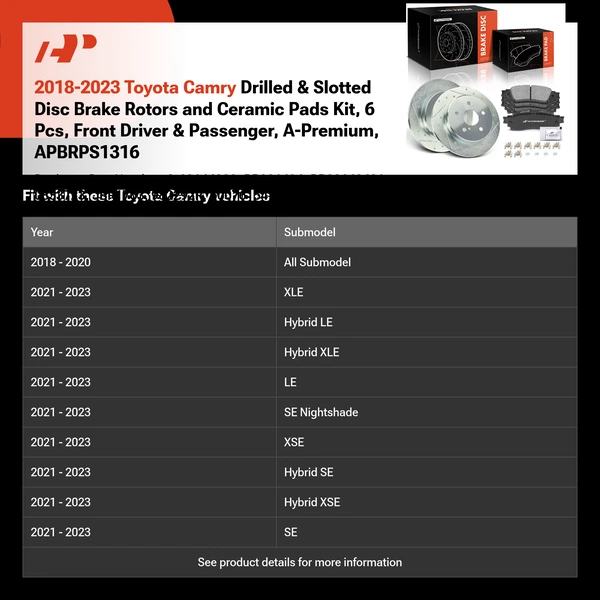 2018-2023 Toyota Camry Drilled & Slotted Disc Brake Rotors and Ceramic Pads Kit, 6 Pcs, Front Driver & Passenger, A-Premium, APBRPS1316