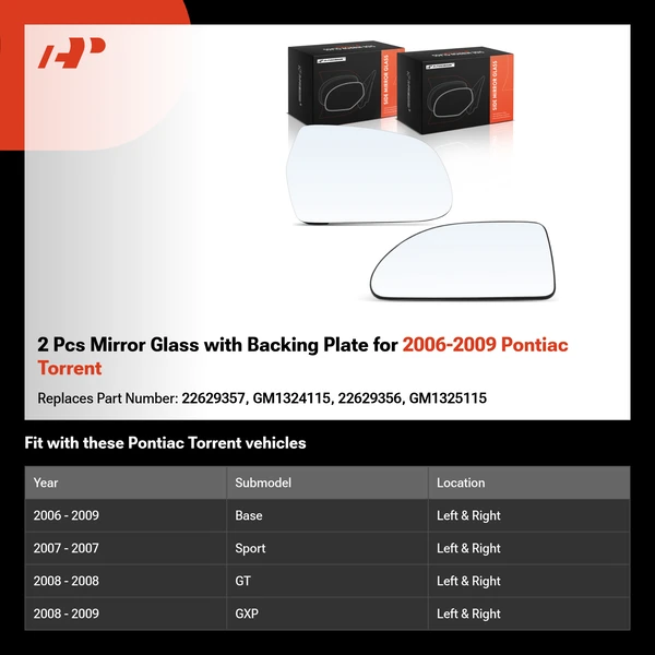 2 Pcs Mirror Glass with Backing Plate for 2006-2009 Pontiac Torrent