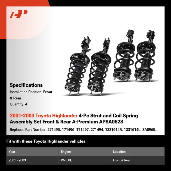 2001-2003 Toyota Highlander 4-Pc Strut and Coil Spring Assembly Set Front & Rear A-Premium APSA0628