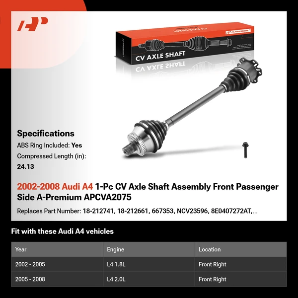 2002-2008 Audi A4 1-Pc CV Axle Shaft Assembly Front Passenger Side A-Premium APCVA2075