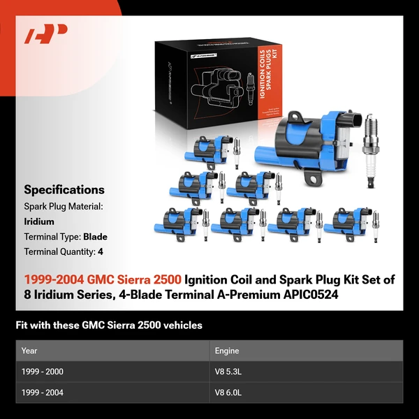 1999-2004 GMC Sierra 2500 Ignition Coil and Spark Plug Kit Set of 8 Iridium Series, 4-Blade Terminal A-Premium APIC0524