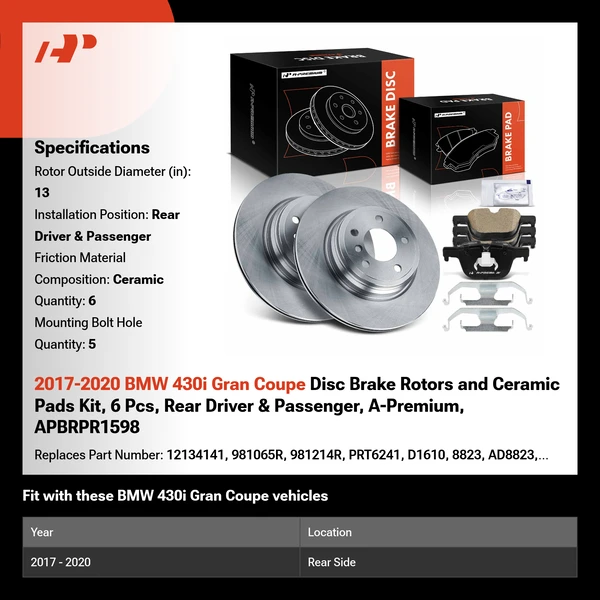 2017-2020 BMW 430i Gran Coupe Disc Brake Rotors and Ceramic Pads Kit, 6 Pcs, Rear Driver & Passenger, A-Premium, APBRPR1598