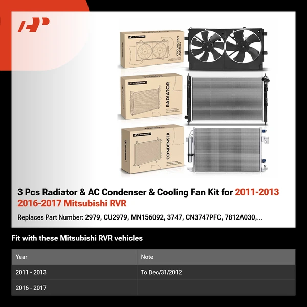 3 Pcs Radiator & AC Condenser & Cooling Fan Kit for 2011-2013 2016-2017 Mitsubishi RVR