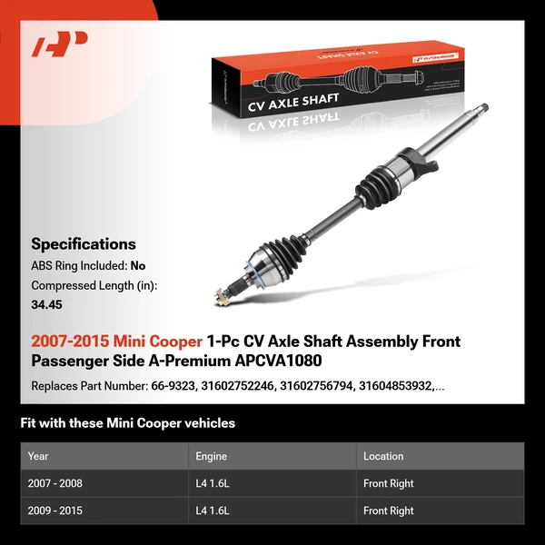 2007-2015 Mini Cooper 1-Pc CV Axle Shaft Assembly Front Passenger Side A-Premium APCVA1080