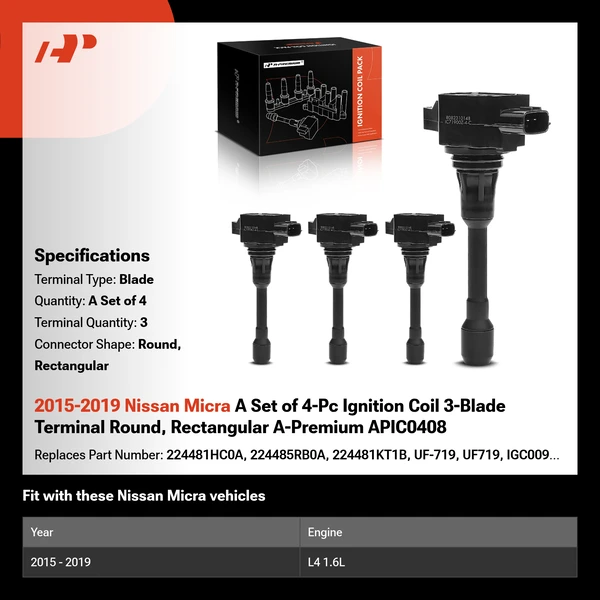 2015-2019 Nissan Micra A Set of 4-Pc Ignition Coil 3-Blade Terminal Round, Rectangular A-Premium APIC0408