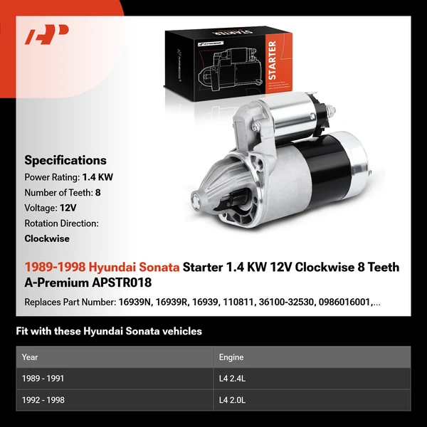 1989-1998 Hyundai Sonata Starter 1.4 KW 12V Clockwise 8 Teeth A-Premium APSTR018