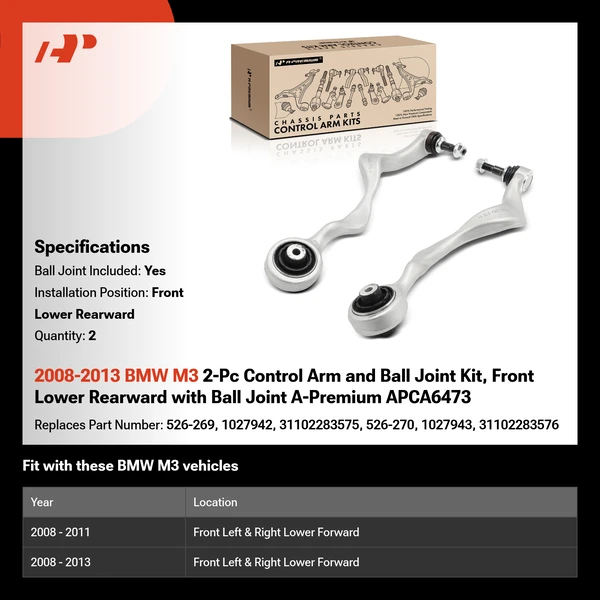 2008-2013 BMW M3 2-Pc Control Arm and Ball Joint Kit, Front Lower Rearward with Ball Joint A-Premium APCA6473