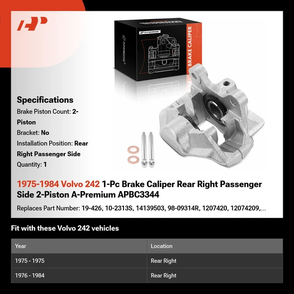 1975-1984 Volvo 242 1-Pc Brake Caliper Rear Right Passenger Side 2-Piston A-Premium APBC3344