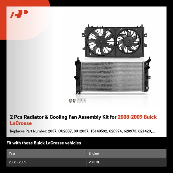 2 Pcs Radiator & Cooling Fan Assembly Kit for 2008-2009 Buick LaCrosse