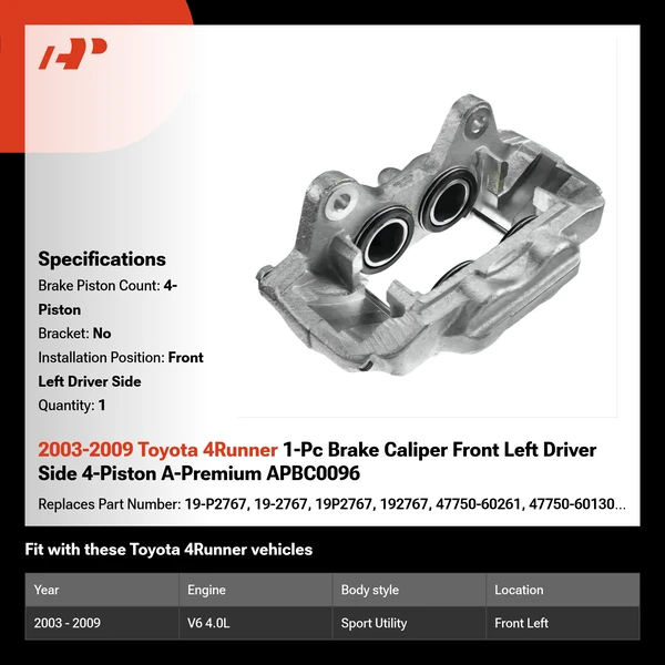 2003-2009 Toyota 4Runner 1-Pc Brake Caliper Front Left Driver Side 4-Piston A-Premium APBC0096