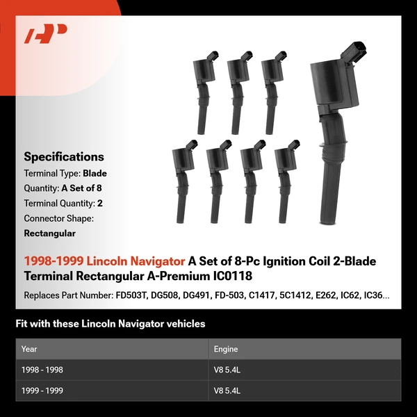 1998-1999 Lincoln Navigator A Set of 8-Pc Ignition Coil 2-Blade Terminal Rectangular A-Premium IC0118