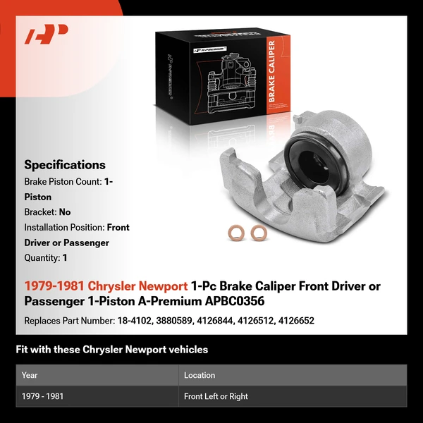 1979-1981 Chrysler Newport 1-Pc Brake Caliper Front Driver or Passenger 1-Piston A-Premium APBC0356