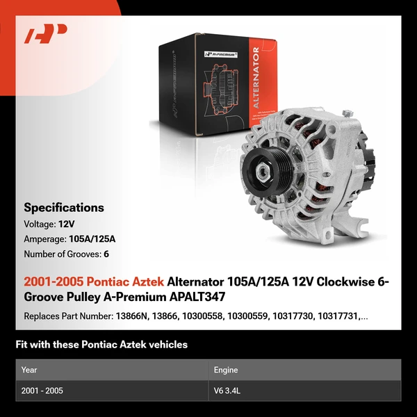 2001-2005 Pontiac Aztek Alternator 105A/125A 12V Clockwise 6-Groove Pulley A-Premium APALT347