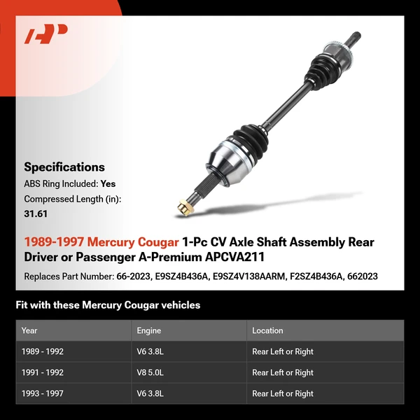 1989-1997 Mercury Cougar 1-Pc CV Axle Shaft Assembly Rear Driver or Passenger A-Premium APCVA211