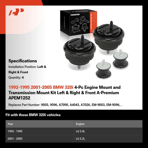 1992-1995 2001-2005 BMW 320i 4-Pc Engine Mount and Transmission Mount Kit Left & Right & Front A-Premium APEM1252