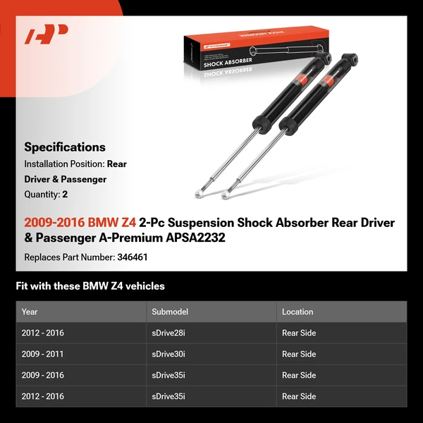 2009-2016 BMW Z4 2-Pc Suspension Shock Absorber Rear Driver & Passenger A-Premium APSA2232