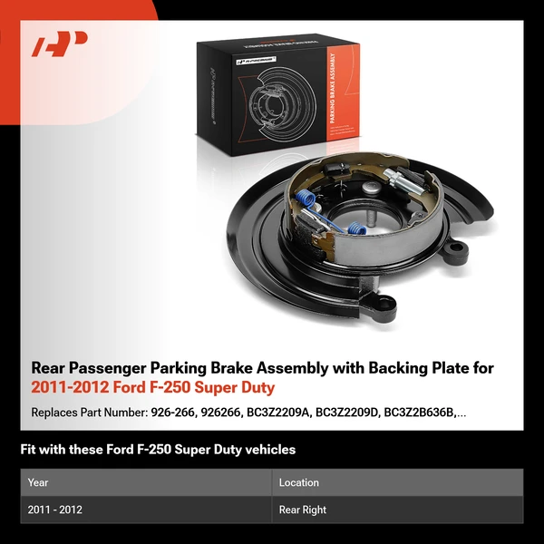 Rear Passenger Parking Brake Assembly with Backing Plate for 2011-2012 Ford F-250 Super Duty