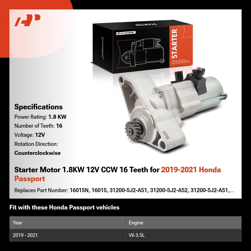 Starter Motor 1.8KW 12V CCW 16 Teeth for 2019-2021 Honda Passport