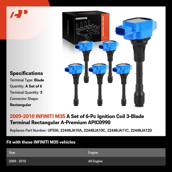 2009-2010 INFINITI M35 A Set of 6-Pc Ignition Coil 3-Blade Terminal Rectangular A-Premium APIC0990